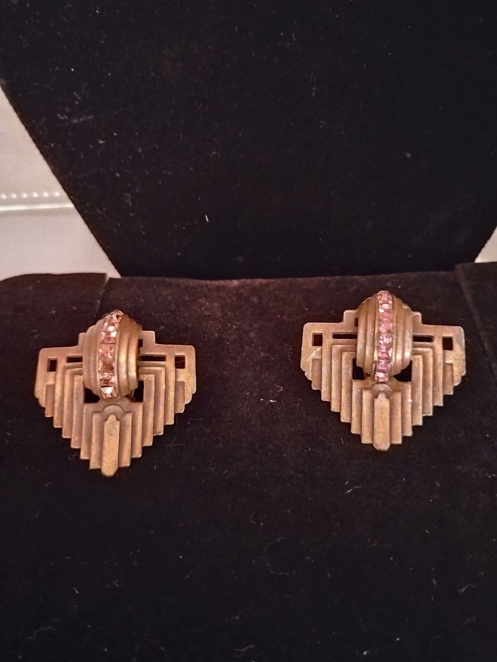 Vintage- Bronze Copper Art Deco Earrings with Pink Stones